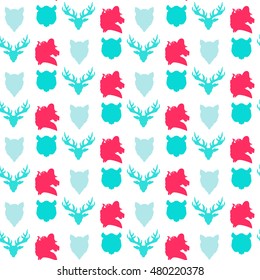 Wildlife seamless pattern. Zoo ornament for print, fabric, cloth, child items and wrap. Nature fauna wallpaper. Silhouettes head animals background. Vector