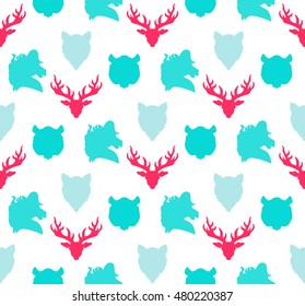 Wildlife seamless pattern. Zoo ornament for print, fabric, cloth, child items and wrap. Nature fauna wallpaper. Silhouettes head animals background. Vector
