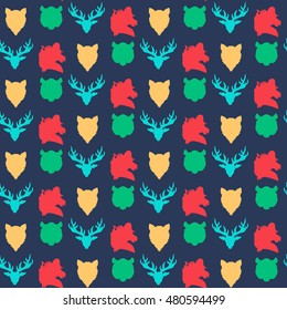 Wildlife seamless pattern. Zoo ornament for print, fabric, cloth, child items and wrap. Nature fauna wallpaper. Silhouettes head animals background. Vector