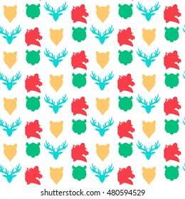 Wildlife seamless pattern. Zoo ornament for print, fabric, cloth, child items and wrap. Nature fauna wallpaper. Silhouettes head animals background. Vector