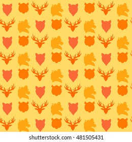 Wildlife seamless pattern. Zoo ornament for print, fabric, cloth, child items and wrap. Nature fauna wallpaper. Silhouettes head animals background. Vector