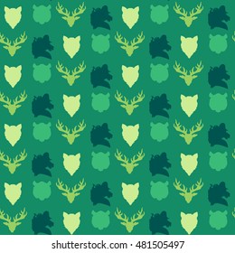 Wildlife seamless pattern. Zoo ornament for print, fabric, cloth, child items and wrap. Nature fauna wallpaper. Silhouettes head animals background. Vector