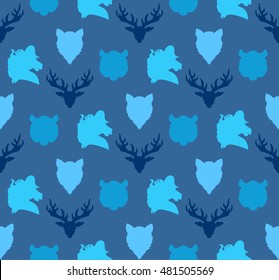 Wildlife seamless pattern. Zoo ornament for print, fabric, cloth, child items and wrap. Nature fauna wallpaper. Silhouettes head animals background. Vector
