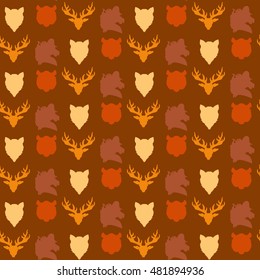Wildlife seamless pattern. Zoo ornament for print, fabric, cloth, child items and wrap. Nature fauna wallpaper. Silhouettes head animals background. Vector
