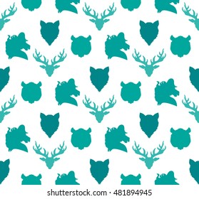 Wildlife seamless pattern. Zoo ornament for print, fabric, cloth, child items and wrap. Nature fauna wallpaper. Silhouettes head animals background. Vector