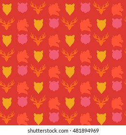 Wildlife seamless pattern. Zoo ornament for print, fabric, cloth, child items and wrap. Nature fauna wallpaper. Silhouettes head animals background. Vector