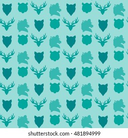Wildlife seamless pattern. Zoo ornament for print, fabric, cloth, child items and wrap. Nature fauna wallpaper. Silhouettes head animals background. Vector