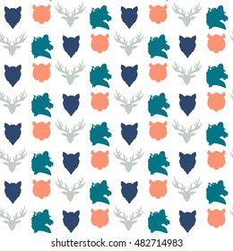 Wildlife seamless pattern. Zoo ornament for print, fabric, cloth, child items and wrap. Nature fauna wallpaper. Silhouettes head animals background. Vector