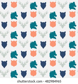 Wildlife seamless pattern. Zoo ornament for print, fabric, cloth, child items and wrap. Nature fauna wallpaper. Silhouettes head animals background. Vector
