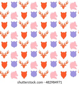 Wildlife seamless pattern. Zoo ornament for print, fabric, cloth, child items and wrap. Nature fauna wallpaper. Silhouettes head animals background. Vector