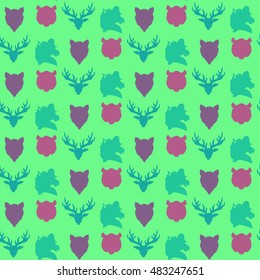 Wildlife seamless pattern. Zoo ornament for print, fabric, cloth, child items and wrap. Nature fauna wallpaper. Silhouettes head animals background. Vector