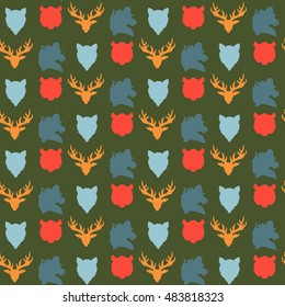Wildlife seamless pattern. Zoo ornament for print, fabric, cloth, child items and wrap. Nature fauna wallpaper. Silhouettes head animals background. Vector
