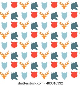 Wildlife seamless pattern. Zoo ornament for print, fabric, cloth, child items and wrap. Nature fauna wallpaper. Silhouettes head animals background. Vector