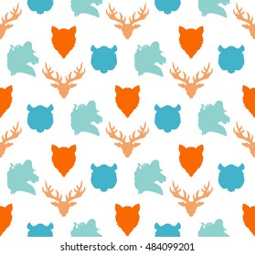 Wildlife seamless pattern. Zoo ornament for print, fabric, cloth, child items and wrap. Nature fauna wallpaper. Silhouettes head animals background. Vector