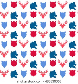 Wildlife seamless pattern. Zoo ornament for print, fabric, cloth, child items and wrap. Nature fauna wallpaper. Silhouettes head animals background. Vector