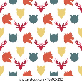 Wildlife seamless pattern. Zoo ornament for print, fabric, cloth, child items and wrap. Nature fauna wallpaper. Silhouettes head animals background. Vector