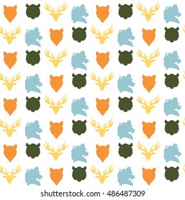 Wildlife seamless pattern. Zoo ornament for print, fabric, cloth, child items and wrap. Nature fauna wallpaper. Silhouettes head animals background. Vector