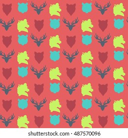 Wildlife seamless pattern. Zoo ornament for print, fabric, cloth, child items and wrap. Nature fauna wallpaper. Silhouettes head animals background. Vector