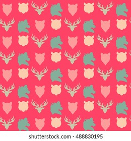 Wildlife seamless pattern. Zoo ornament for print, fabric, cloth, child items and wrap. Nature fauna wallpaper. Silhouettes head animals background. Vector