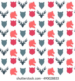 Wildlife seamless pattern. Zoo ornament for print, fabric, cloth, child items and wrap. Nature fauna wallpaper. Silhouettes head animals background. Vector