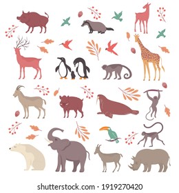 Wildlife set with isolated icons of leaves and acorns with exotic animals and birds flat characters vector illustration