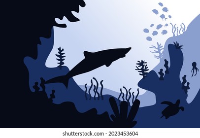 Wildlife Shark Fish Sea Ocean Underwater Aquatic Flat Illustration