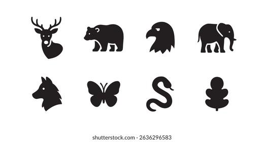 Wildlife Silhouette Icons - Deer, Bear, Eagle, Elephant, Wolf, Butterfly, Snake, and Tree for Stock Use in Web Design, Apps, and Creative Projects