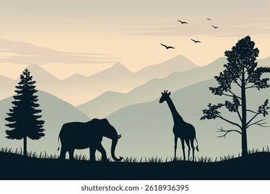 Wildlife Silhouette Scene Featuring Giraffe and Elephant at Dusk in a Peaceful Mountain Valley with Soaring Birds and Evergreen Trees