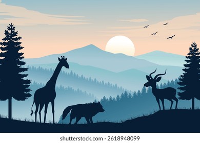 Wildlife Silhouette Scene Featuring Giraffe, Wolf, and Antelope at Dusk in a Peaceful Mountain Valley with Soaring Birds and Evergreen Trees