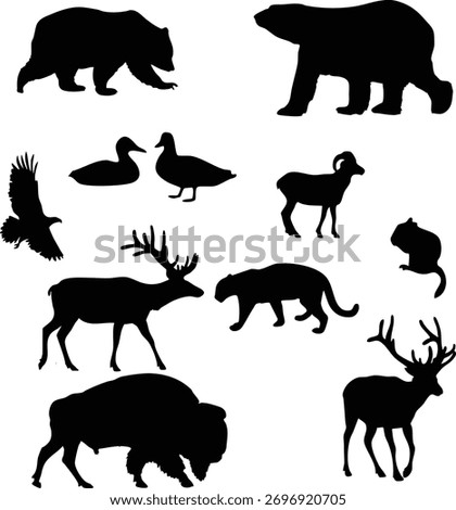  wildlife silhouette vectors featuring bears, elk, bison, ducks, eagles, and mountain goats. Perfect for nature art, t-shirt designs, and wildlife-themed projects.