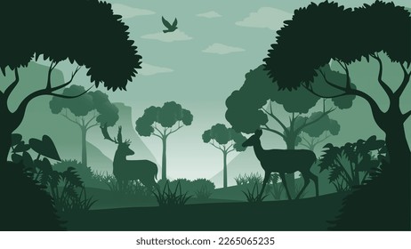 Wildlife silhouettes of deer with forest background 