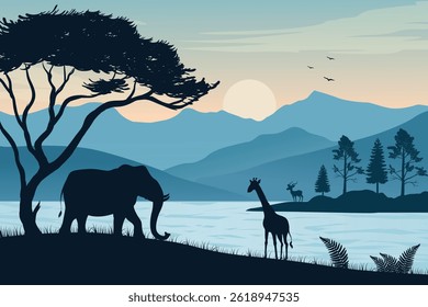 Wildlife Silhouettes of Elephant, Giraffe, and Antelope by a River at Sunset with Mountains, Trees, and Flying Birds. Peaceful Nature Landscape Illustration for Adventure, Travel, and Wildlife Themes