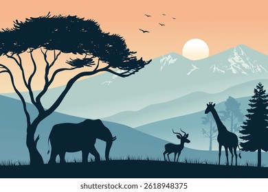 Wildlife Silhouettes of Elephant, Giraffe, and Antelope Under Acacia Tree with Mountain Background at Sunset. Peaceful Nature Landscape Illustration for Adventure, Travel, and Wildlife Themes