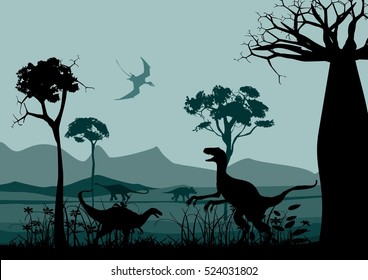 Wildlife silhouettes scene with dinisaurs. Prehistoric landscape silhouettes. Vector illustration.