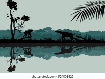 Wildlife silhouettes scene on the cost of river. Jungle and animals silhouettes reflected on water