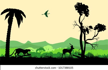 Wildlife silhouettes vector illustration, panther hunting antilope, vector wildlife landscape. Nature landscape