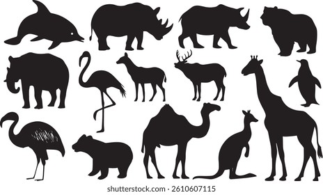 Wildlife Silhouettes Vector Set, Zoo Logo Design, Safari Emblem Collection