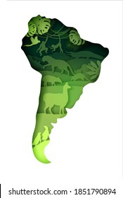 Vida silvestre de Sudamérica, continente mundial. Ilustración vectorial en estilo de arte de papel. Mapa de Sudamérica Continental con la naturaleza y llama, tapir, jaguar, cingulata, mono, siluetas de animales salvajes pingüinos