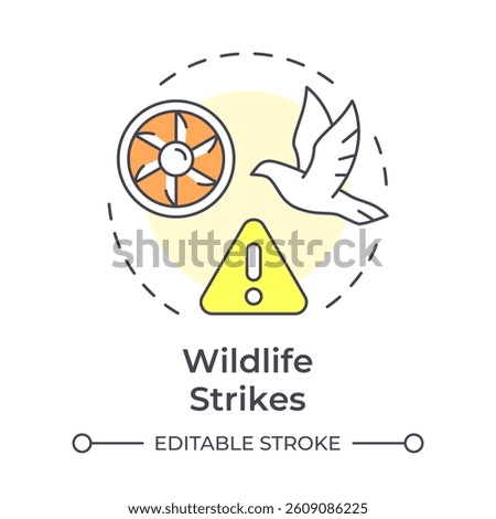 Wildlife strikes multi color concept icon. Aircraft damage. Alert, danger. Flight safety. Round shape line illustration. Abstract idea. Graphic design. Easy to use in article, blog post