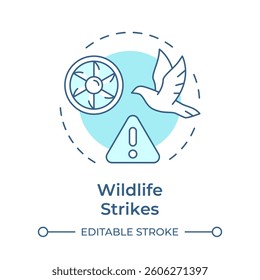 Wildlife strikes soft blue concept icon. Aircraft damage. Alert, danger. Flight safety. Round shape line illustration. Abstract idea. Graphic design. Easy to use in article, blog post
