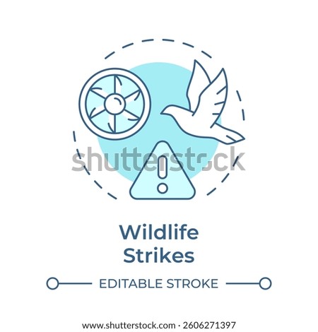 Wildlife strikes soft blue concept icon. Aircraft damage. Alert, danger. Flight safety. Round shape line illustration. Abstract idea. Graphic design. Easy to use in article, blog post