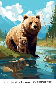 Wildlife in their natural habitat, Mother bear cross river with her baby. vector illustration