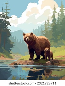 Wildlife in their natural habitat, Mother bear cross river with her baby. vector illustration