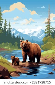 Wildlife in their natural habitat, Mother bear cross river with her baby. vector illustration