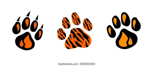 Fauna silvestre, huellas de patas de tigre. Conjunto de huellas de pata. Día Mundial del Tigre. Silueta de impresiones de animales de Vector, ilustración aislada para el tema de protección animal, refugios de animales sin hogar. Día Mundial de la Vida Silvestre.