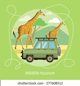 Wildlife Tourism. Jeep on the background of the mountains near the giraffes in the savanna. Icon of Traveling, Vacation. For web banners, marketing and promotional materials, presentation templates 