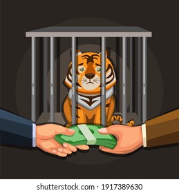 Wildlife Trade, Illegal Business People Selling Tiger Illustration Concept In Cartoon Vector