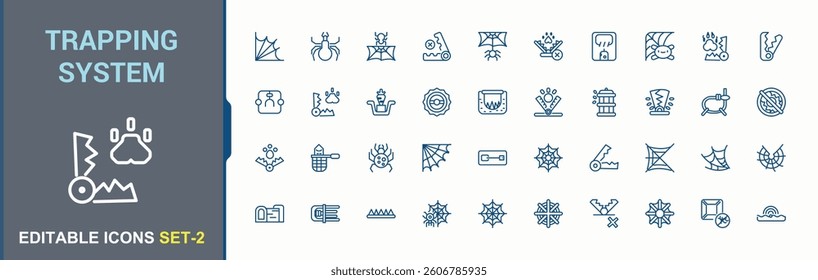 Wildlife Trap icon set. Included trap, animal, catch, wildlife and more. Animal Trap icon set. Thin outline icons pack. Minimalist editable stroke collections.