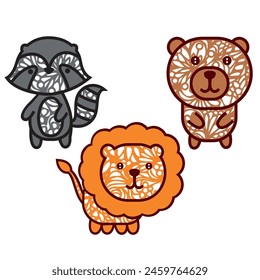Wildlife Trio: Lion, Raccoon, Bear. Minimalistic Vector Illustrations for Decor and Design. Animal Patterns, Nature Prints, Creative Gifts.