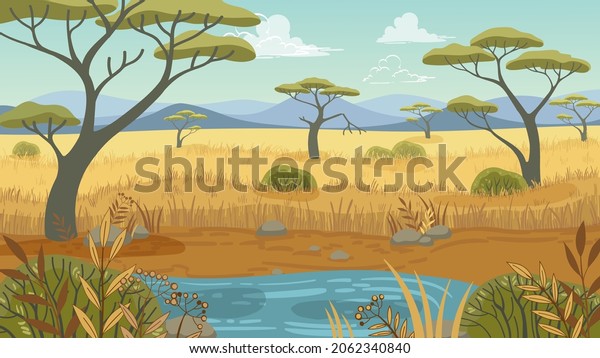 Wildlife, vector african landscape in flat cartoon style